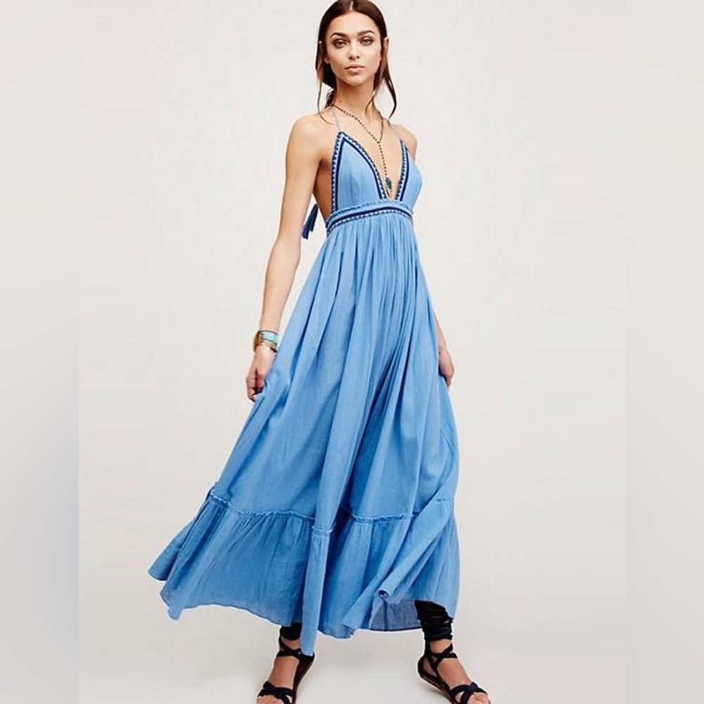 Blue Free People Maxi Halter Backless Dress - Medium
